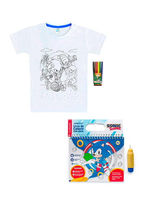 01 kit camiseta de pintar 1 livros para colorir sonic pinte e lave latic kids